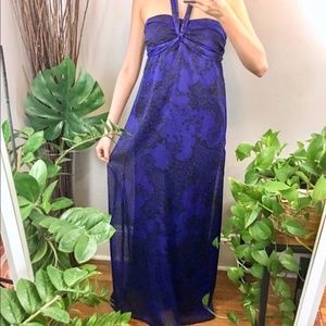 Floral Blue Black Chiffon Flowy Long Maxi Dress